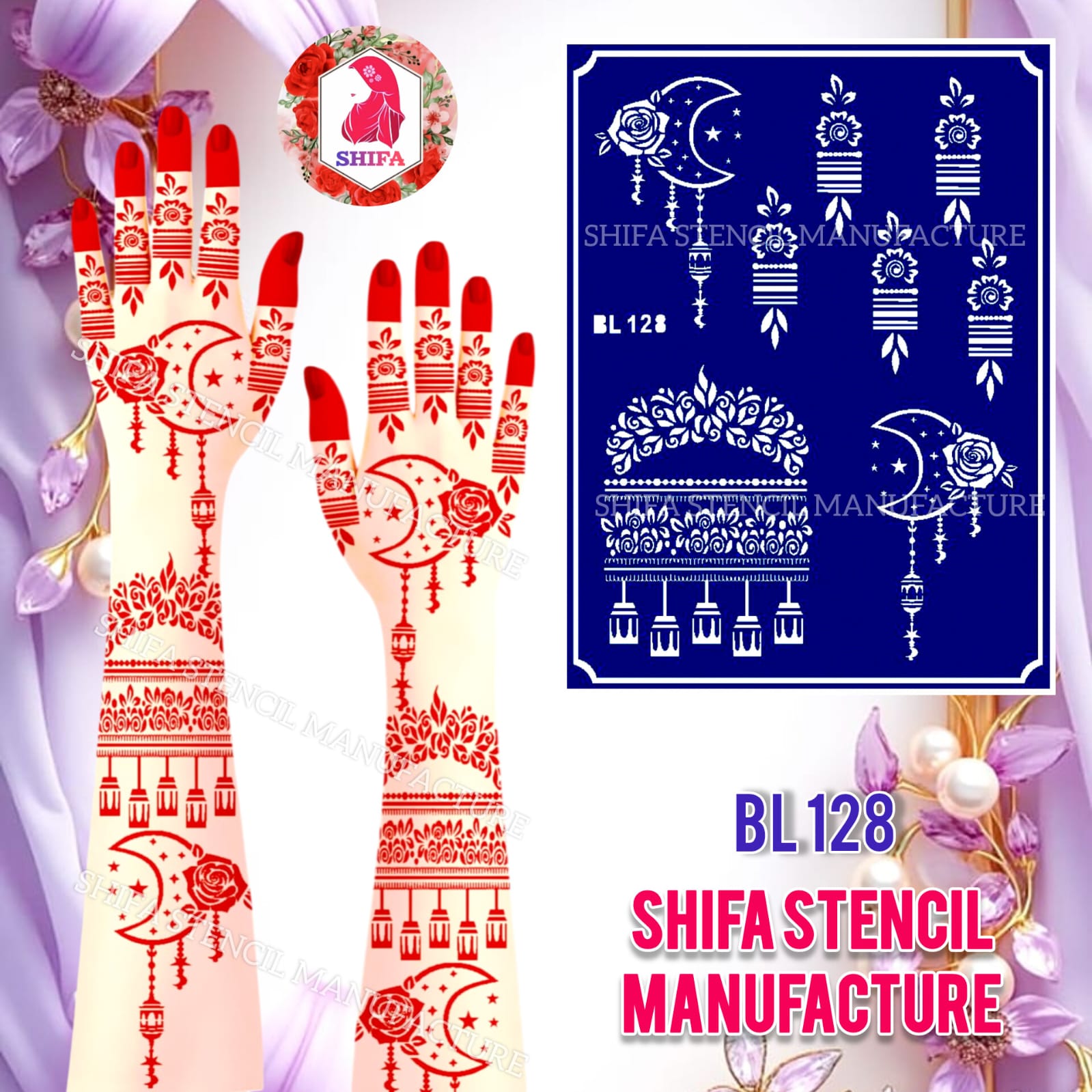 BL128 Hanging Lanterns & Geometric Florals Sticker Overview Henna Stencil - Shifa Stencil